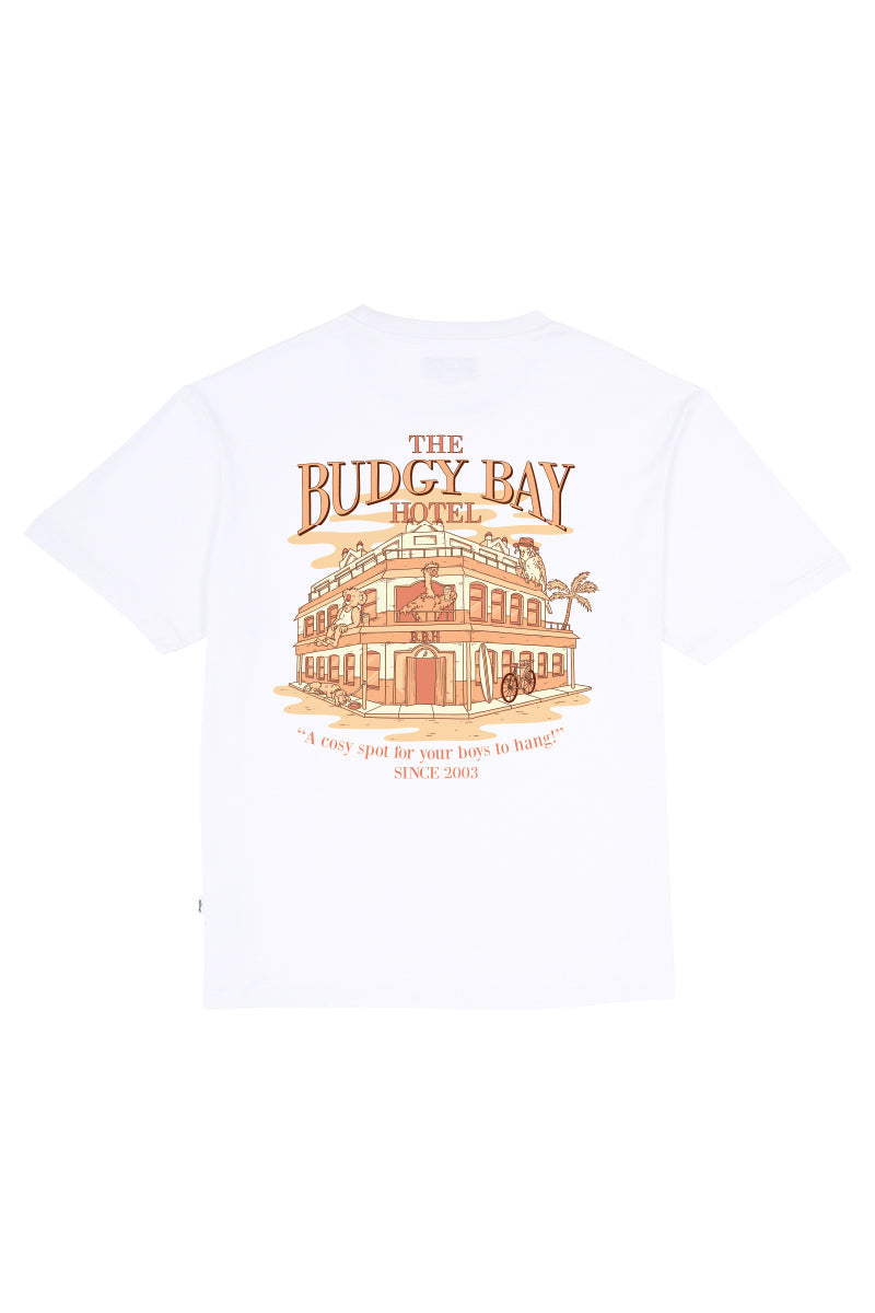 White Tee with Budgy Bay Hotel