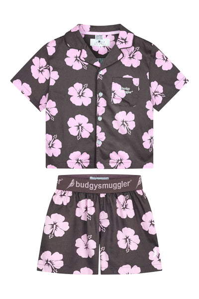 Kids Pyjama Set in Brown and Pink Hibiscus