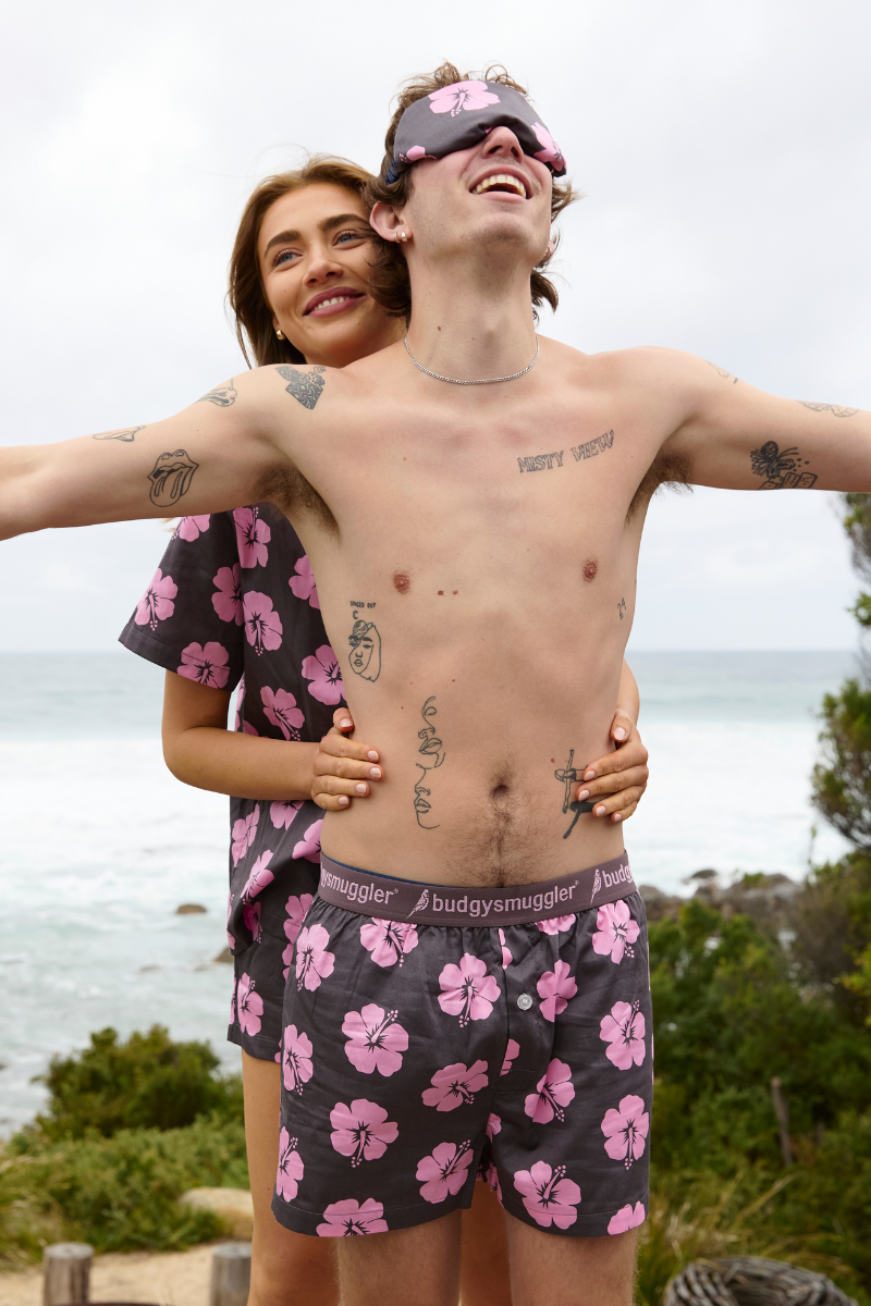 Men's Pyjama Bottoms in Brown and Pink Hibiscus