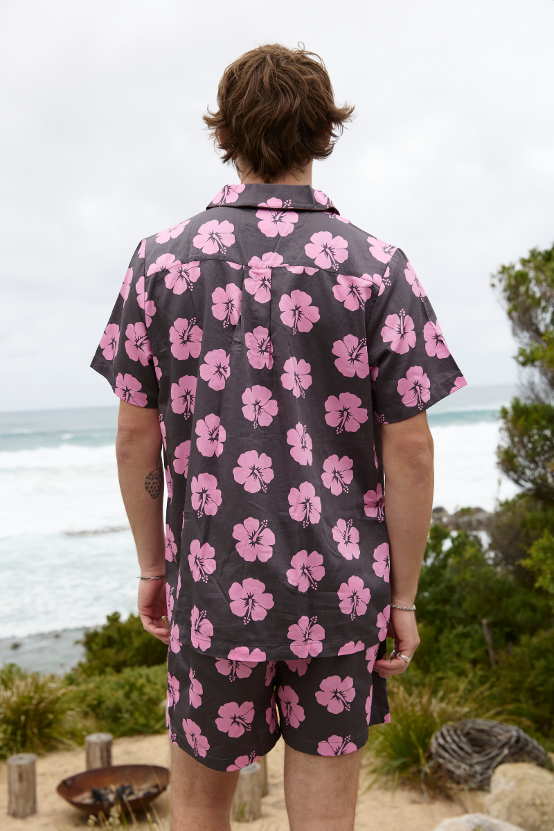 Men's Pyjama Set in Brown and Pink Hibiscus