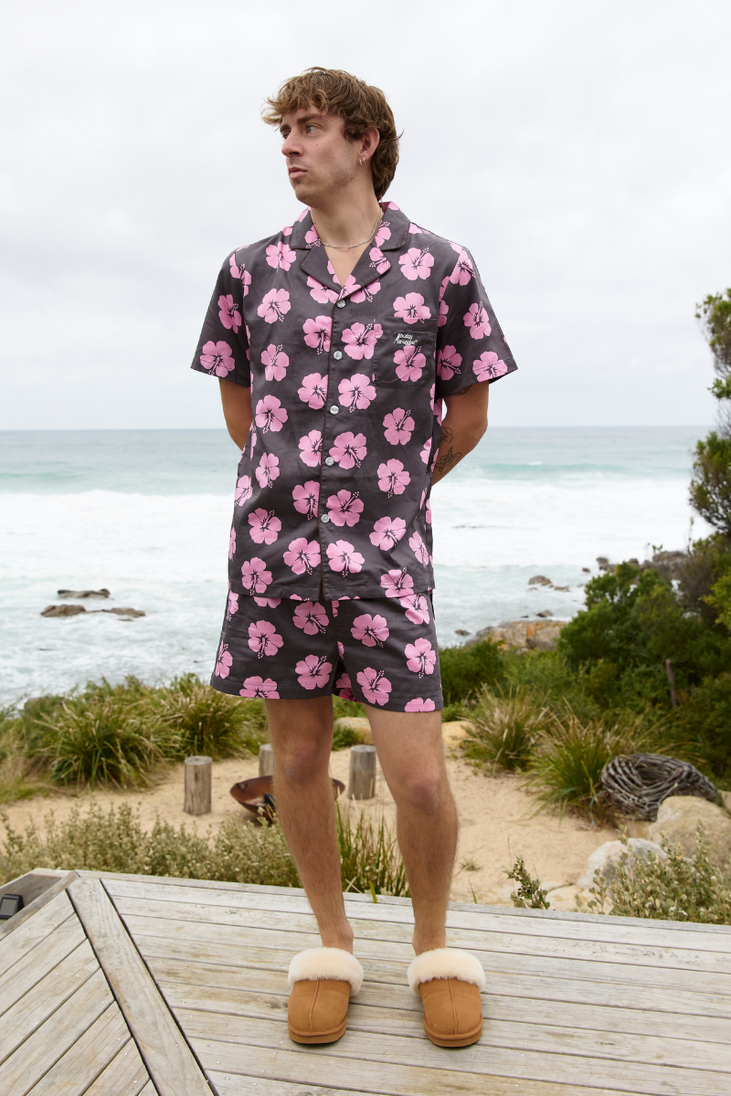 Men's Pyjama Set in Brown and Pink Hibiscus
