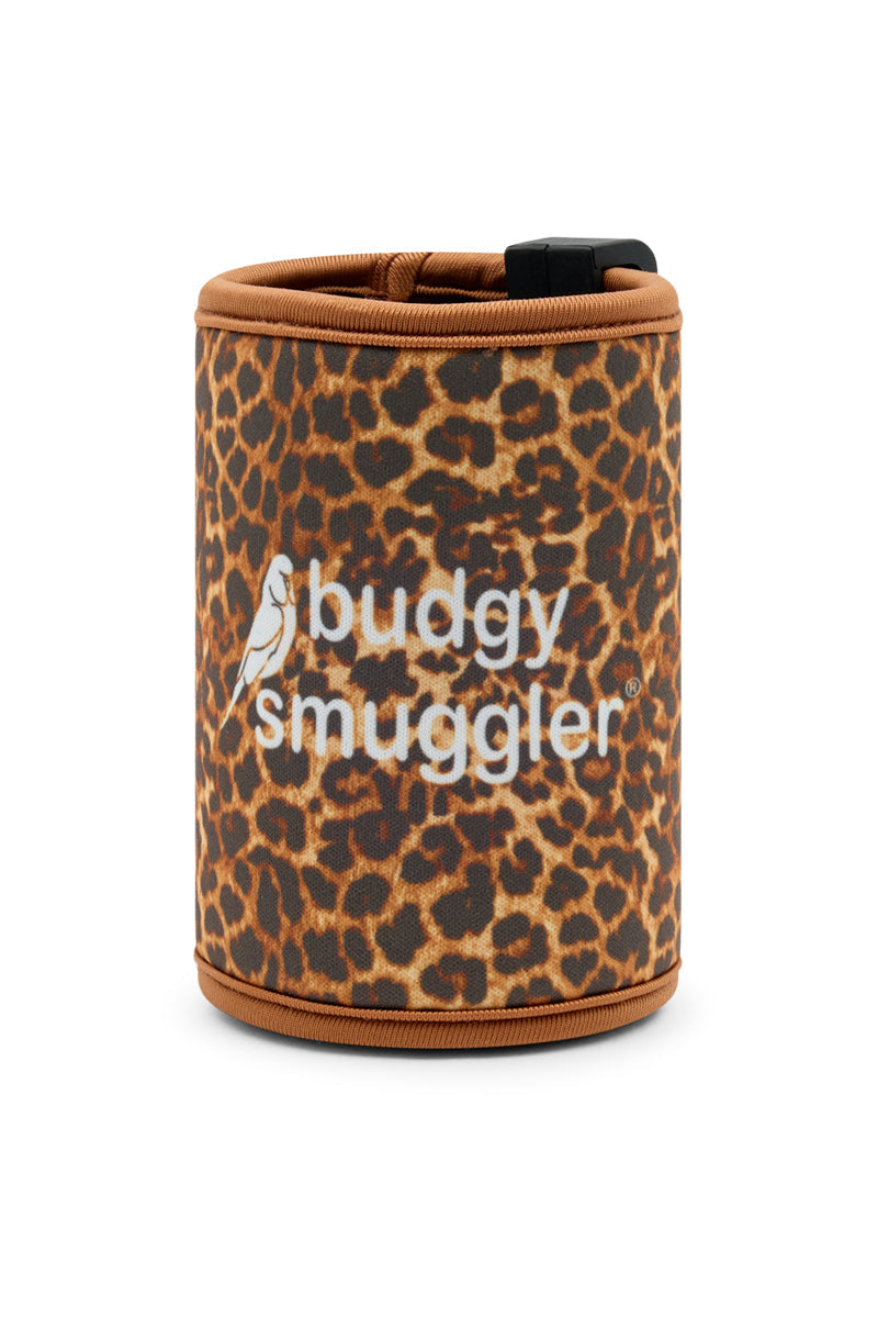 Leopard print can cooler with 'Budgy Smuggler' branding on a white background