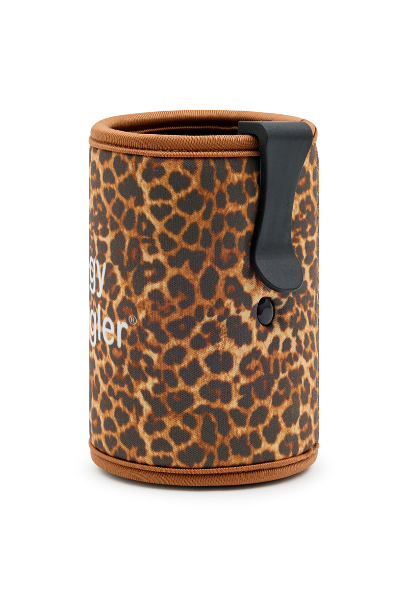 Leopard print cooler bag with brown trim on a white background