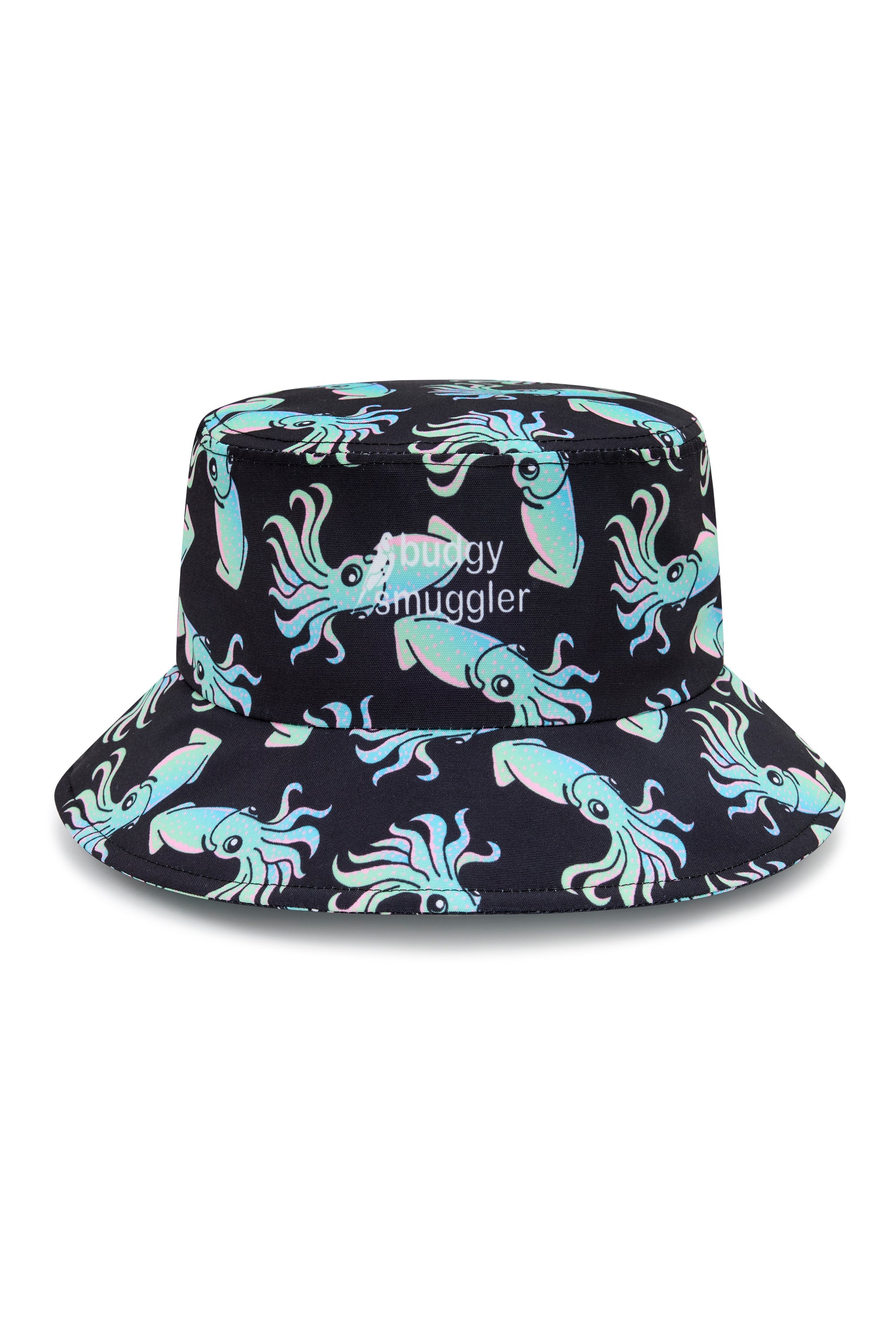 Salt and Pepper bucket hat, iridescent squid print on black