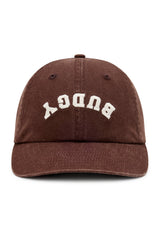 Brown hat with white text on a white background 