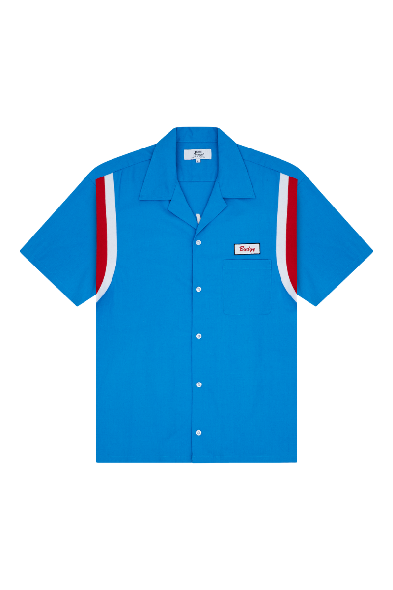 Blue shirt with red and white accents on a white background