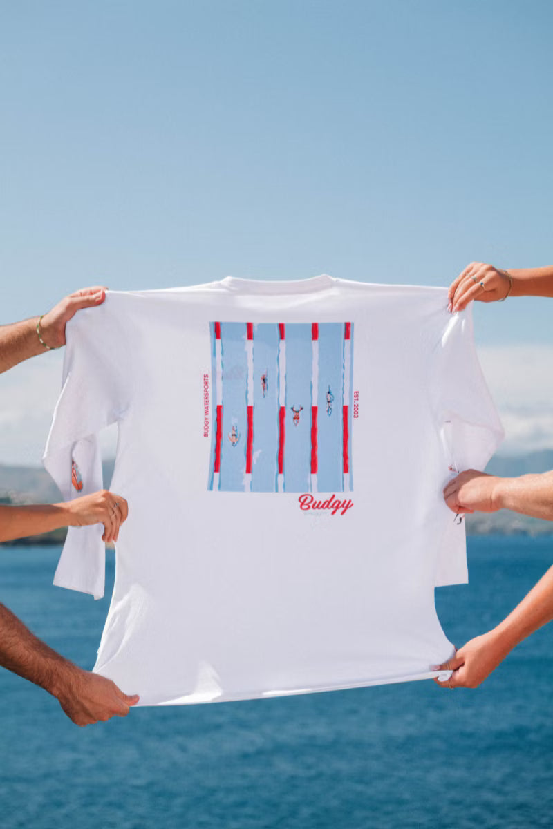 Girl wearing White tee with swimming pool print 