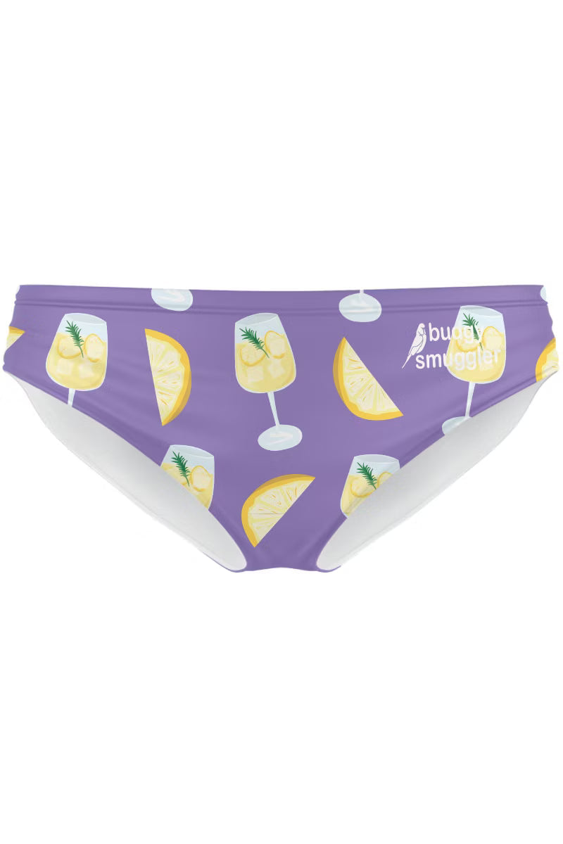Mens swimwear with purple and lemon print, On a white background 