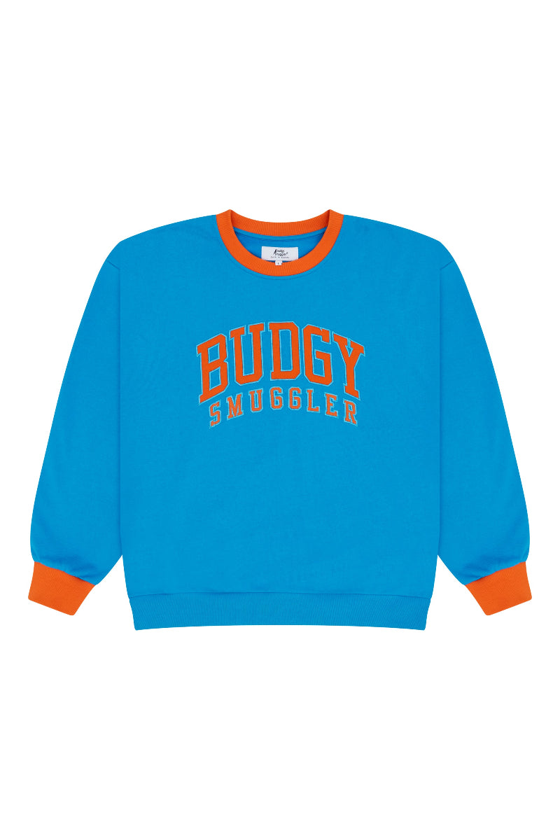 Blue sweatshirt with orange accents and 'Budgy Smuggler' text on a white background