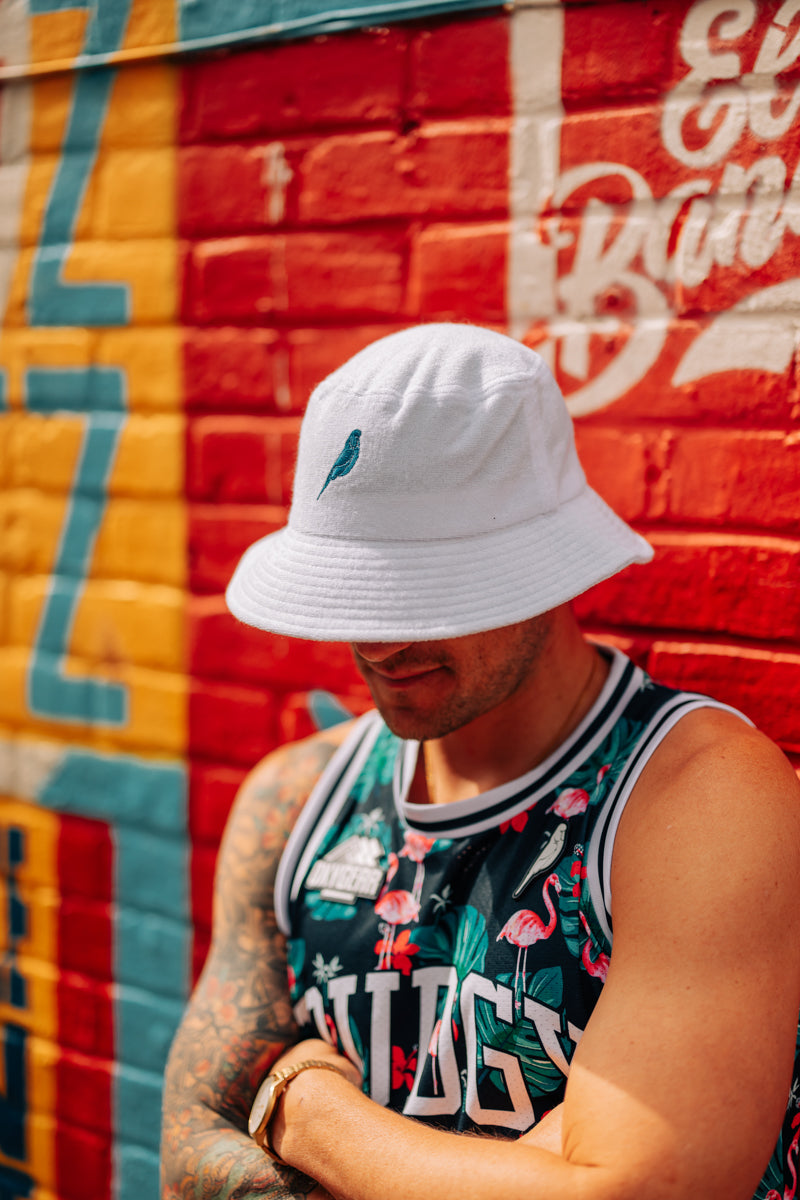 Bucket Hat in White Terry Towelling