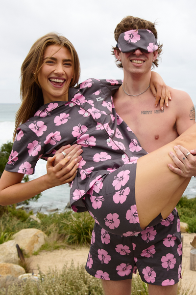 Women's Pyjama Set in Brown and Pink Hibiscus