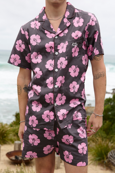Men's Pyjama Set in Brown and Pink Hibiscus
