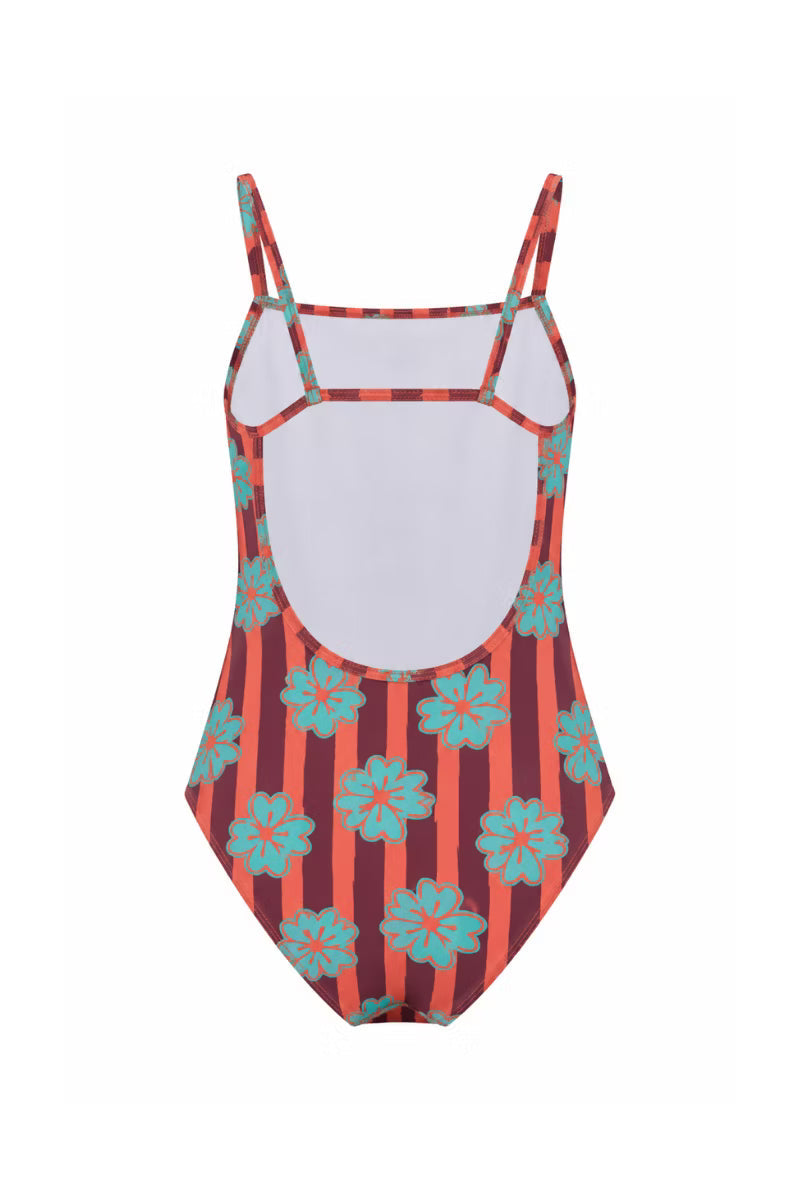 Flat lay back of the Steves Holiday Shirt thin strap one piece, red striped with teal flowers