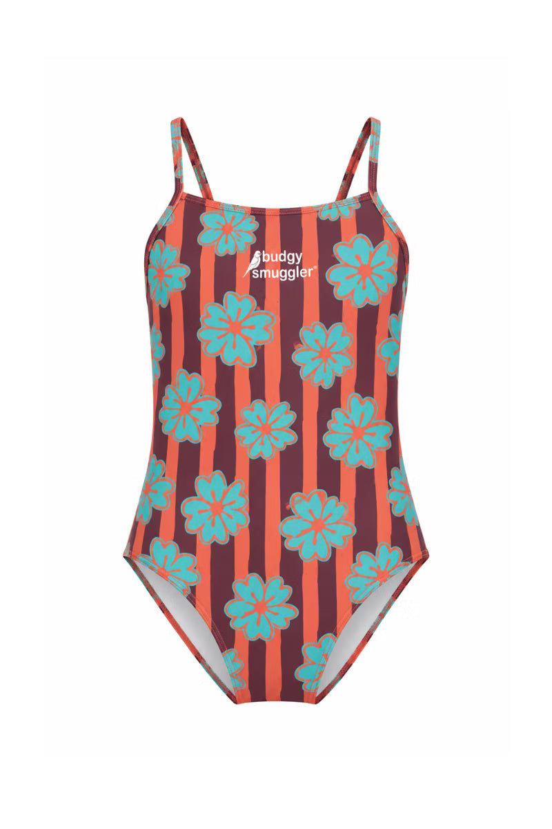 Flat lay front of the Thin Strap Racer in Steves Holiday Shirt, red stripes with teal flowers