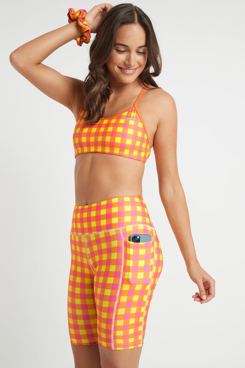 Biker Shorts with Pockets in Fluro Gingham